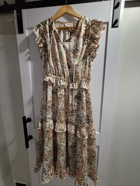Ruffled Floral Maxi Dress in Cream with Pink Accents